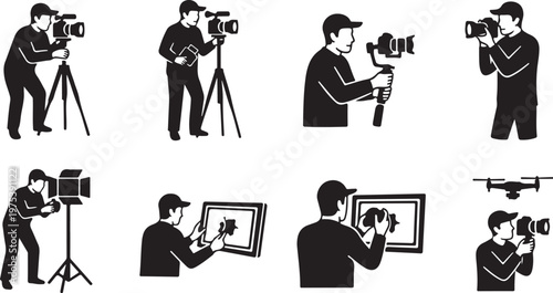 Photographers at work with various equipment and techniques shown