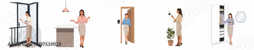 Flat vector illustration of a professional woman showing various features of a modern smart home, including balcony views, kitchen, smart lock, and thermostat.