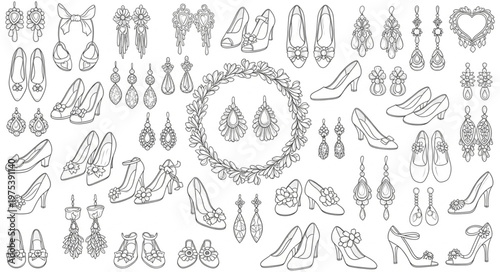 Elegant collection of shoes and earrings, a fashion illustration.