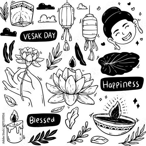 Set of Vesak Day Doodle Icons on White Background
