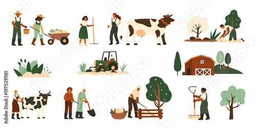 Illustrative farm scene depicting people animals and agricultural elements