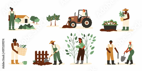 Diverse farmers tending to crops and land in a rural setting