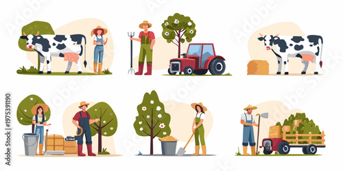 Cartoon illustration depicting farmers cows and agricultural machinery on a farm