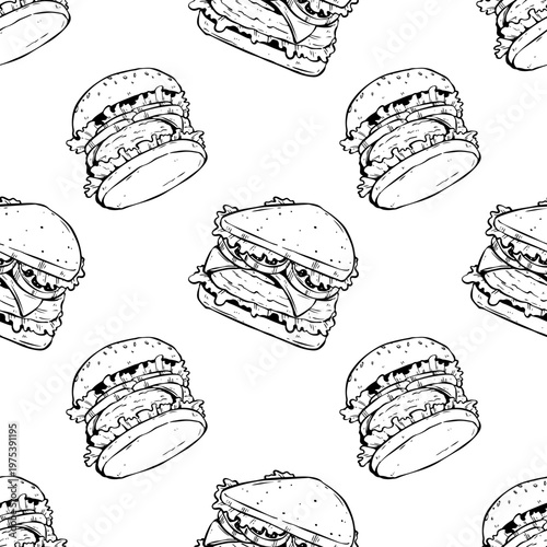 Hand Drawn Burger and Sandwich Seamless Pattern