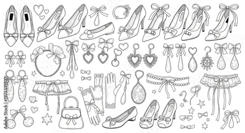 Elegant footwear and accessories collection sketch, detailed line art.