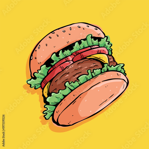 Delicious Cheeseburger Illustration on Yellow Background 