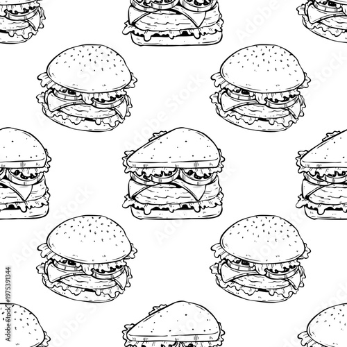 Hand Drawn Burger and Sandwich Seamless Pattern
