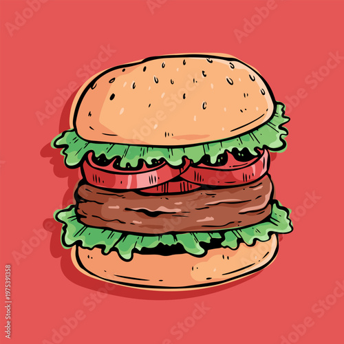 Delicious Burger with Vegetables and Tomato on Red Background