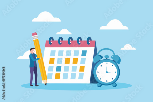Planning and scheduling concept with a large pencil and calendar illustration