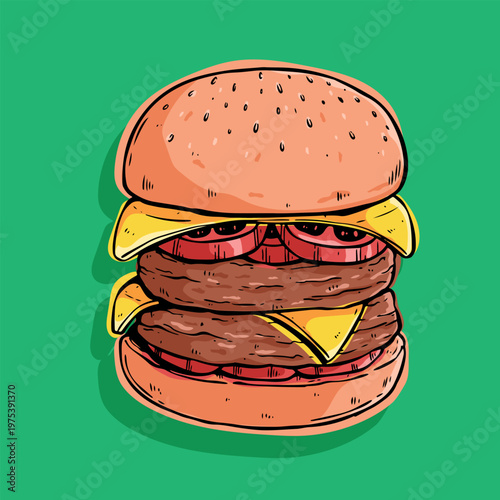 Delicious Cheeseburger Illustration on Green Background 