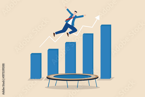 Business success a man jumping on a trampoline with a rising graph