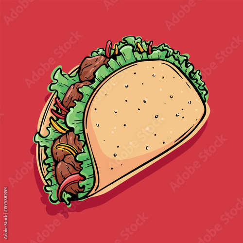 Delicious Taco Hand Drawn Illustration on Red Background