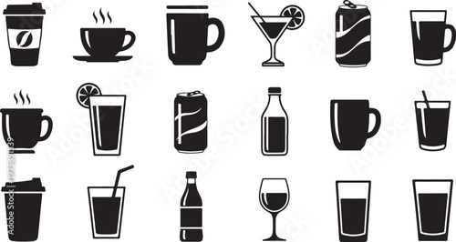 Variety of Drinks and Beverages in Simple Black Icons