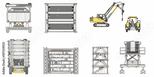 Technical drawings of industrial machinery and container like structures