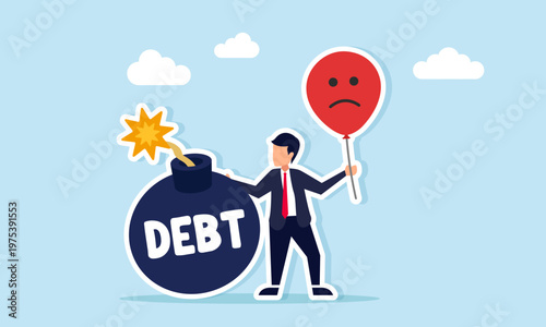 Businessman holding sad emoticon balloon standing near debt bomb illustration of negative response to difficulty in repaying business debt