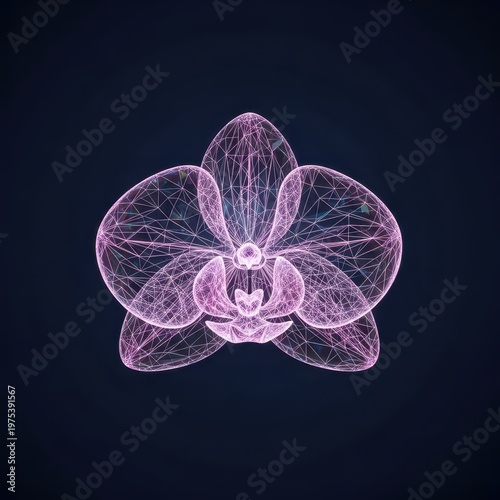 Pink glowing orchid flower made of intricate geometric wireframe mesh