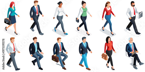Isometric illustration of diverse people walking and sitting in business attire