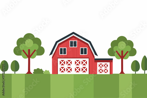 A brightly colored red barn with green trees and a grassy field