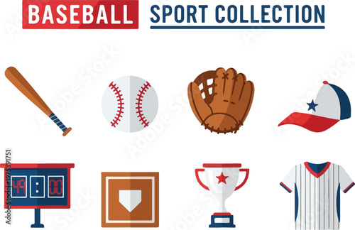 Set of baseball sport equipment and symbols including bat, ball, glove, cap, scoreboard, home plate, trophy, and jersey for digital design