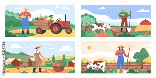 Illustrations depict a farmer harvesting crops and tending to livestock