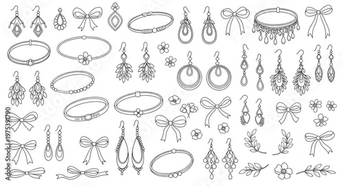 Elegant Jewelry Collection - A Detailed Black and White Illustration.