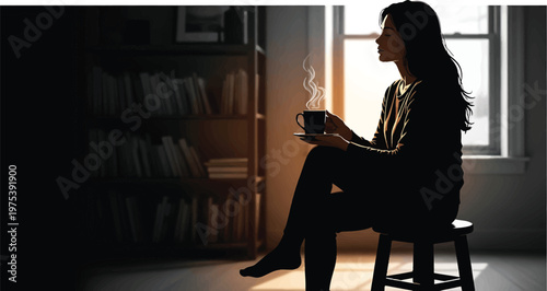 Woman Sitting with Coffee Cup in Dark Room by Window