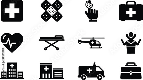 Healthcare Emergency Medical Icons for First Aid Hospital and Patient Care Set