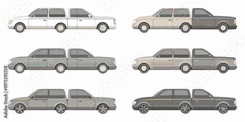 Illustration of six different colored pickup trucks in a row
