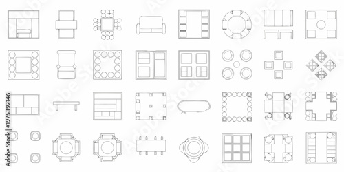 Overhead view of various furniture arrangements and tabletop designs