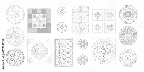 Collection of sketched ornamental designs resembling tiles and plates
