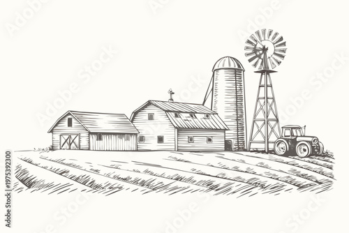 A vintage farm scene with barns a silo windmill and tractor