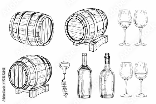 Sketch of wine barrels bottles glasses and a corkscrew arrangement