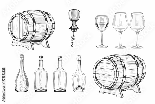 Sketch of wine barrels glasses bottles and a corkscrew arrangement