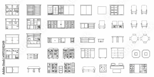 Architectural plan view of various furniture and interior elements