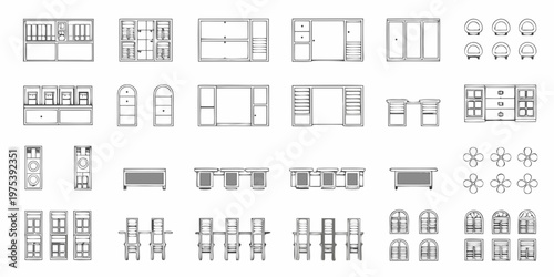 Architectural plan of furniture cabinets tables chairs and decorative elements