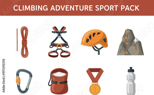 Collection of climbing adventure sport equipment and gear for outdoor enthusiasts and athletes