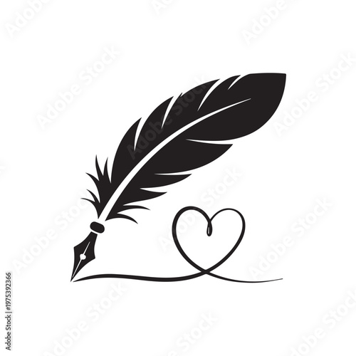 Elegant feather quill pen drawing continuous line heart symbol in black silhouette style for literary arts and romantic writing concepts.