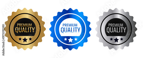 Premium quality badges, gold, blue, silver seals, quality labels, vector icons