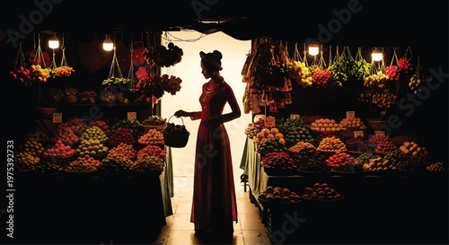 Woman Standing in Flower Market at Night