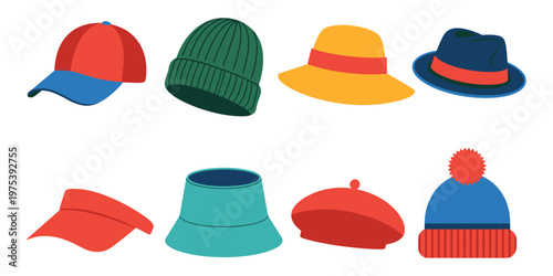 Flat vector icons of head,wear, featuring baseball caps, beanies, sun hats, fedoras, visors, bucket hats, berets