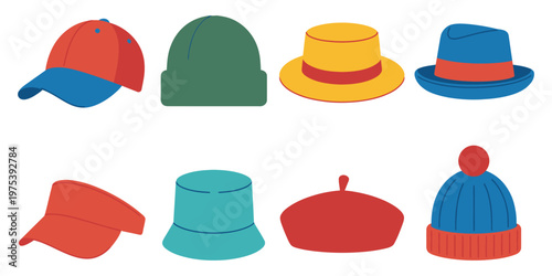 Flat vector icons, including baseball cap, beanie, sun hat, fedora, visor, bucket hat, beret, and knit hat 