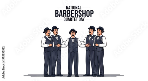 A vintage barbershop quartet is depicted in a vector illustration, showcasing a cappella singing with four formally dressed men in hats and waistcoats, harmonizing together against a clean