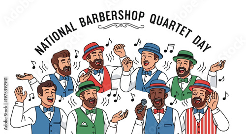 A lively vector illustration celebrates National Barbershop Quartet Day, showcasing diverse cartoon men in vintage attire harmonizing with musical notes floating around them, set