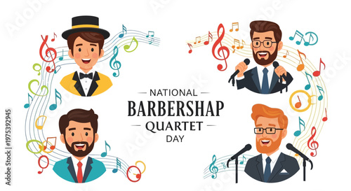 A vibrant illustration celebrating National Barbershop Quartet Day, showcasing four formally dressed cartoon men singing in harmony with microphones, encircled by colorful musical notes