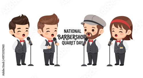 A cartoon-style vector illustration celebrates National Barbershop Quartet Day, depicting four classically dressed singers performing a cappella into microphones, set against a clean white