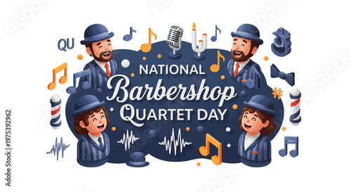 A vibrant vector illustration celebrates National Barbershop Quartet Day, depicting four formally dressed singers with hats and a vintage microphone, set against a clean white background