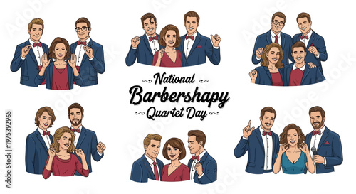 A set of vector illustrations commemorating National Barbershop Quartet Day, showcasing various male vocal quartets in formal attire harmonizing with women, set against a clean backdrop