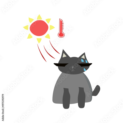 Cute black cat illustration sweating under hot sun and high temperature thermometer.