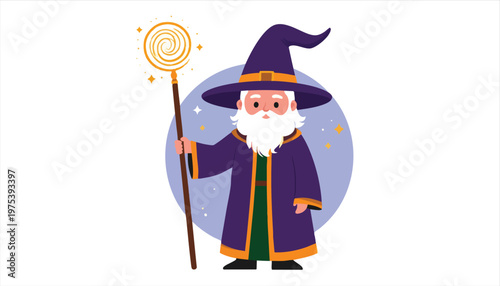 vector Cartoon Wizard Holding a Magical Staff with Sparkles