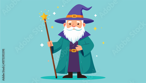 vector Cartoon Wizard Holding Magical Staff with Sparkles